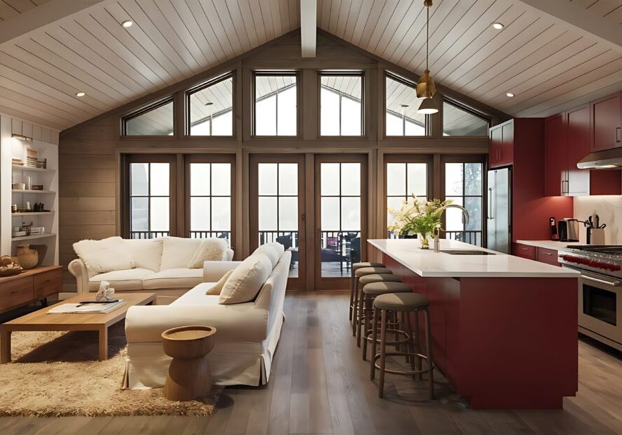 Modern interior of living room united with red kitchen in scandinavian style