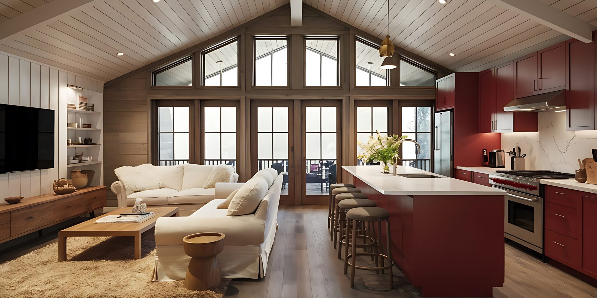 Modern interior of living room united with red kitchen in scandinavian style